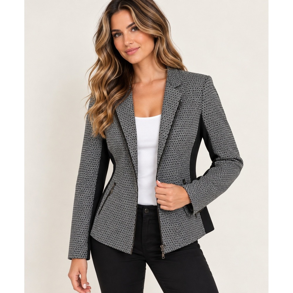Kasper Zip Jacket Women 6P Career Core Geometric Honeycomb Black White Tailored